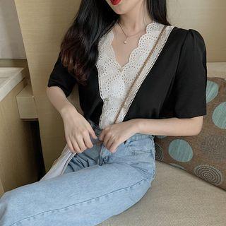 Short-sleeve Lace Panel Blouse Black - One Size