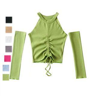 Set: Drawstring Knit Halter Top + Arm Sleeves
