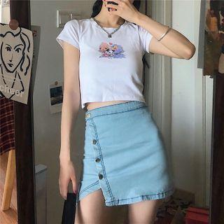 Short-sleeve Dog Print T-shirt / A-line Denim Skirt