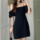 Square-neck Puff-sleeve Suspender A-line Dress