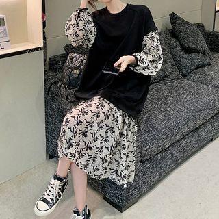 Mock Two-piece Floral Panel Sweatshirt Dress