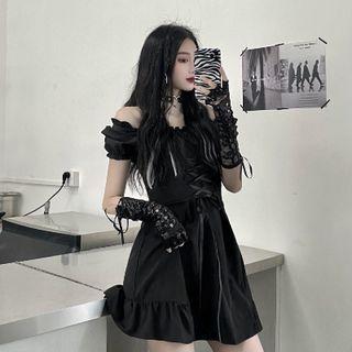 Short-sleeve Lace-up Mini Dress / Lace Arm Sleeves