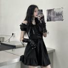 Short-sleeve Lace-up Mini Dress / Lace Arm Sleeves