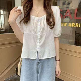 Puff-sleeve Square Neck Ruched Blouse