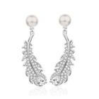 925 Sterling Silver Feather Faux Pearl Dangle Earring 1 Pair - Silver Dangle Earring - One Size