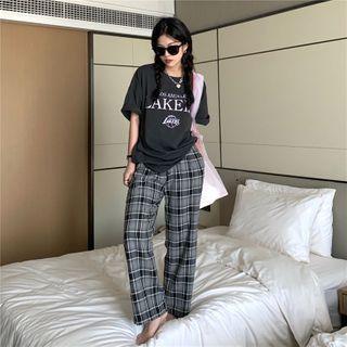 Elbow-sleeve Lettering Print T-shirt / Plaid Wide-leg Pants