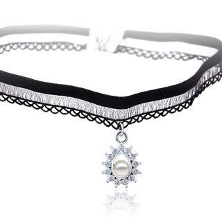 Faux Pearl Lace Choker X213 - Black - One Size