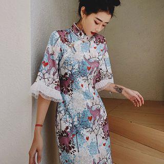 Elbow-sleeve Mandarin Collar Printed Midi Shift Dress