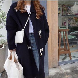 Plain Single-breasted Long-sleeve Coat Dark Blue - One Size