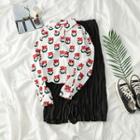 Set: Flower Print Long-sleeve Shirt + Pleated Skirt