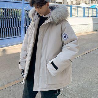 Lettering Print Faux Fur Trim Hooded Zip Jacket