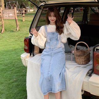 Long-sleeve Plain Shirt + Denim Overall Dress