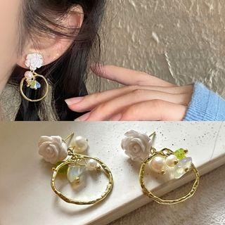 Flower Faux Pearl Hoop Alloy Dangle Earring 1 Pair - 2706a - White & Green - One Size