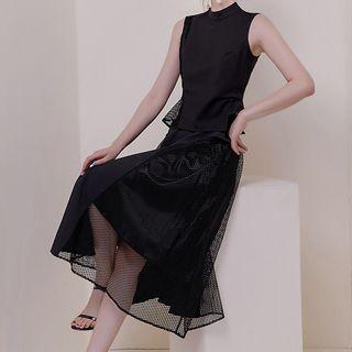 Set: Sleeveless Mesh Paneled Blouse + Midi A-line Skirt