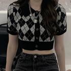 Short-sleeve Button-up Argyle Print Cropped Knit Top Black & Gray - One Size