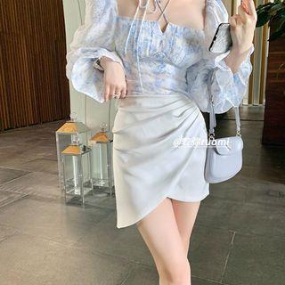 Long-sleeve Blouse / Shirred Mini Pencil Skirt