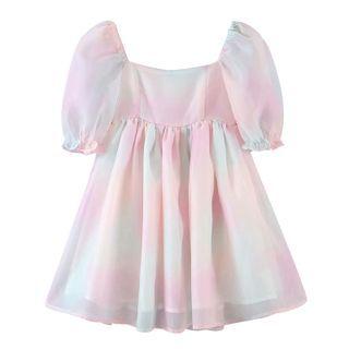 Puff-sleeve Tie-dye Print Mini A-line Dress