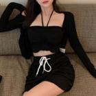 Halter Crop Camisole Top / Long-sleeve Shrug / Mini Pencil Skirt