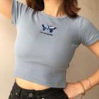 Crewneck Embroider Butterfly Short-sleeve Top
