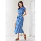 Cap-sleeve Shirred Maxi Shirtdress With Sash
