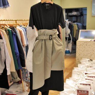 Set: Short-sleeve Plain Midi T-shirt Dress + Asymmetrical Hem Skirt