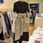 Set: Short-sleeve Plain Midi T-shirt Dress + Asymmetrical Hem Skirt