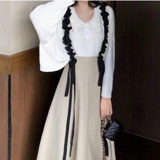 Set: V-neck Plain Knit Top + Ruffled Jumper Skirt