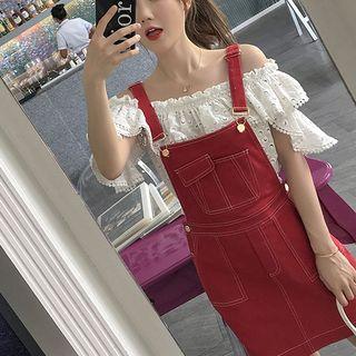 Set: Elbow-sleeve Perforated Ruffled Top + A-line Mini Dungaree Dress