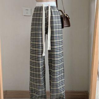 Drawstring Plaid Wide Leg Pants Coffee & Black - One Size