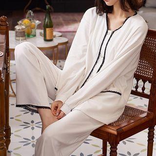 Loungewear Set : Lace Contrast Trim Long-sleeve Shirt + Pants