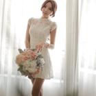 Short-sleeve Stand Collar Tie-waist Sheath Plain Slim Lace Dress