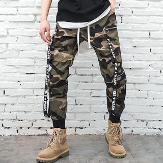 Lettering Strap Camo Drawstring Pants