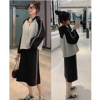 Set: Color Block Zip Hoodie + Contrast Trim A-line Midi Skirt