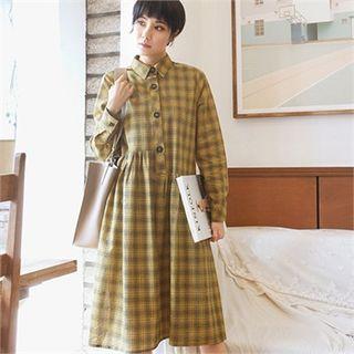 Shifted Waist-line Check Shirtdress