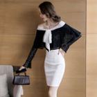 Set: Off-shoulder Lace Long-sleeve Top + High Waist Pencil Skirt