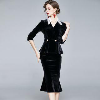 Set: 3/4-sleeve Peplum Velvet Top + Ruffle Hem Pencil Skirt