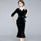 Set: 3/4-sleeve Peplum Velvet Top + Ruffle Hem Pencil Skirt