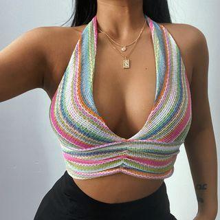 Halter Neck Striped Crop Tank Top