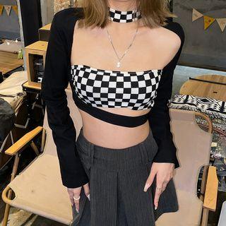 Set: Halter-neck Checkerboard Crop Top + Shrug