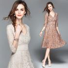 3/4-sleeve Floral A-line Party Dress