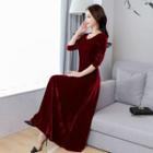 Elbow-sleeve Maxi A-line Velvet Dress