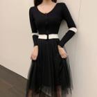 Color Block Front Zip Long-sleeve Knit Top / Mesh Midi A-line Skirt