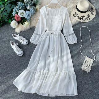 Lace-trim Square-neck Long-sleeve Dress
