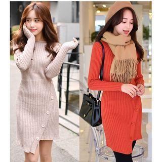 Button Detail Long-sleeve Knit Dress