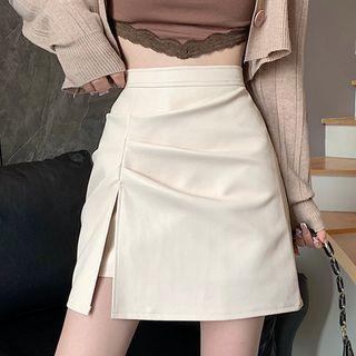 Faux Leather Ruched Slit Mini Pencil Skirt