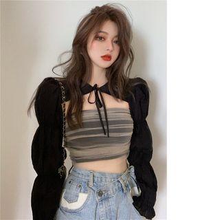 Sheer Panel Strapless Top / Long-sleeve Crop Top