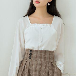 Long-sleeve Square-neck Chiffon Blouse