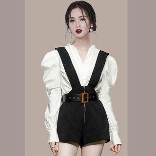 Set: Puff-sleeve Blouse + Wide Leg Jumper Shorts