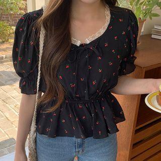 Cherry Short-sleeve Top Black - One Size
