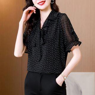 Puff-sleeve Tie-neck Heart Print Blouse
